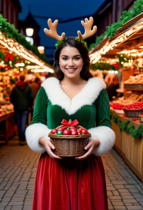 (medium full shot) of (lovely young woman:1.1), mexican with dark hair, brown eyes, medium skin tone, medium build, wearing Green and red velvet gown with white fur trim, red stockings, green heels, reindeer antlers adorned with holly, carrying a plush snowman, smiling at the viewer, making a heart sign with her hands, .set in christmas Market, Vendor Alley, Narrow pathway lined with rustic booths, strings of fairy lights casting a warm glow, overflowing baskets of handcrafted wreaths, garlands of holly and mistletoe, and aromatic cinnamon-scented candles , at night. ,Masterpiece,best quality, photorealistic, amazing quality, very aesthetic, extremely detailed face,