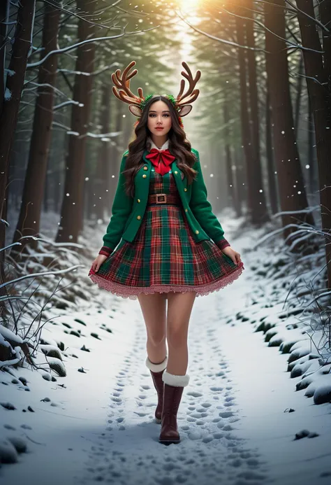 (medium full shot) of (esthetic young woman:1.1), arabian with black doughnut hair bun, green eyes, tan skin, curvy, wearing Red and green plaid mini dress with white collar, green stockings, red ankle boots, reindeer antlers adorned with holly, holding a gingerbread cookie, smiling at the viewer, making a victory pose, .set in Snowy Forest Path, Narrow trail winding through a dense forest, branches heavy with snow arching overhead, patches of mistletoe clinging to the trees, a babbling brook partially frozen over, and the occasional rustle of small animals foraging beneath the icy underbrush , at night. ,Masterpiece,best quality, photorealistic, amazing quality, very aesthetic, extremely detailed face,