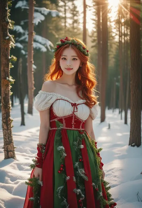 (medium full shot) of (angelic young woman, willowy build, extra long red updo hair), korean, fair skin, light brown eyes, wearing a candy cane headband, red and white tartan dress with bow detail, green striped stockings, green ballet flats, holding a candy cane, set in Christmas Tree Grove, Enchanting grove filled with towering evergreens, each adorned with shimmering ornaments and strands of twinkling lights, a rustic wooden sign pointing the way to Santa's Workshop, a festive aroma of cinnamon and pine wafting through the air, soft blankets of snow cushioning the forest floor , at sunset, woman smiling, detailed face, ,Masterpiece,best quality, photo, realistic, very aesthetic