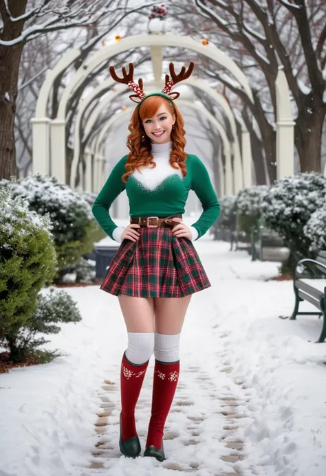 (medium full shot) of (vivacious young woman, slim build, short ginger french twist hair), chinese, tan skin, hazel eyes, wearing a reindeer antlers headband, green plaid crop top, plaid mini dress with green belt, green striped stockings, green knee-high boots, carrying a snowman plush, set in Snowy Park Entrance, Welcoming archway adorned with twinkling lights, a path lined with frosted trees, benches dusted with snow, colorful wreaths hanging from lampposts, a faint aroma of pine in the air , at night, woman smiling, detailed face, ,Masterpiece,best quality, raw photo, realistic, very aesthetic