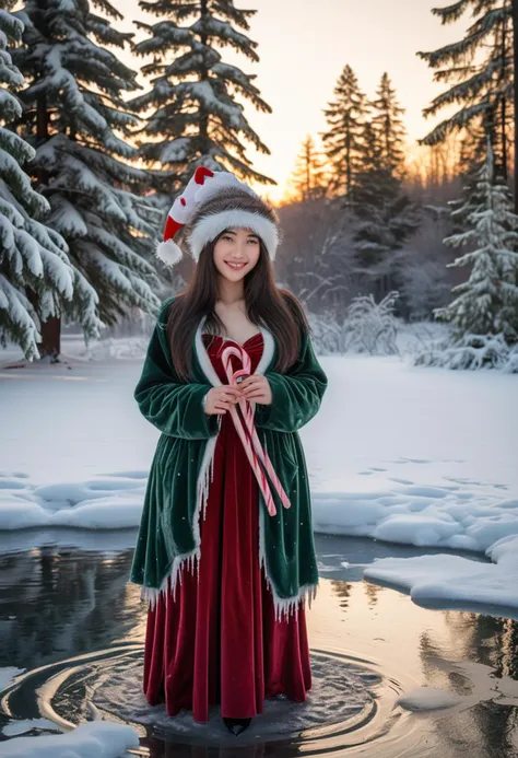 (medium full shot) of (supermodel young woman, willowy build, extra long dark layered cut hair), japanese, fair skin, brown eyes, wearing a nutcracker hat, green velvet bodysuit with red skirt, green stockings, black slingback pumps, holding a candy cane, set in Frozen Pond Area, Serene pond covered in a blanket of snow, tall evergreen trees surrounding the perimeter, icy sculptures dotting the landscape, delicate icicles hanging from branches, the occasional glimpse of wildlife tracks in the powdery snow , at sunset, woman smiling, detailed face, ,Masterpiece,best quality, raw photo, realistic, very aesthetic