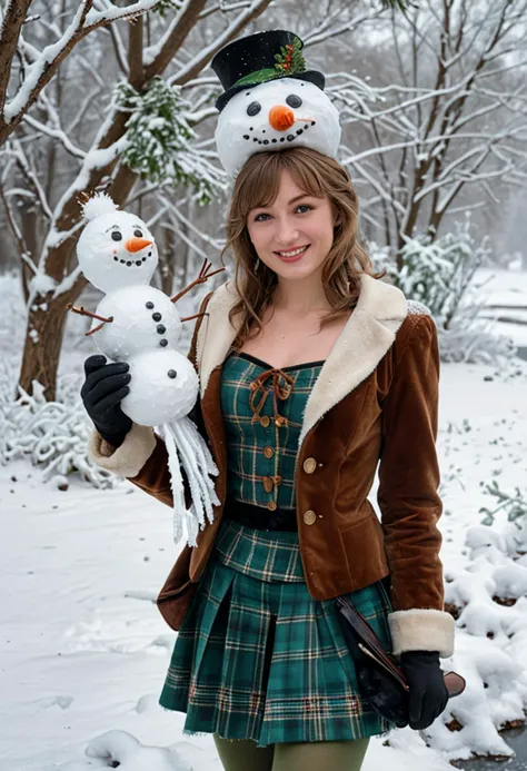(medium full shot) of (bonnie young woman, willowy build, short brown side-swept bangs hair), american, fair skin, jade green eyes, wearing a nutcracker hat, green plaid crop top, velvet skirt suit with green accents, green stockings, black flats, carrying a snowman plush, set in Frozen Pond Area, Serene pond covered in a blanket of snow, tall evergreen trees surrounding the perimeter, icy sculptures dotting the landscape, delicate icicles hanging from branches, the occasional glimpse of wildlife tracks in the powdery snow , woman smiling, detailed face, ,Masterpiece,best quality, photo, realistic, very aesthetic,