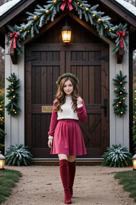 (winter season:1.2),(at noon:1.2),<lora:LCM_LoRA_Weights_SD15:1>,<lora:detail_slider_v4:1.5>,(angelic middle-aged Girl, voluptuous build, medium pink half-up half-down hair), black american, dark skin, hazel eyes, wearing a gingerbread headband, red and green velvet jumsuit with green skirt, red striped stockings, black flats, carrying a sprig of mistletoe, set in christmas tree farm, Entrance Gate, Rustic wooden gate adorned with festive wreaths, a gravel path leading into the farm, rows of evergreen trees lining the perimeter, cheerful signage, a scattering of snow-covered bushes , at sunset,
mockup photography, professional presentation, blank, empty, creative composition, versatile use, professional lighting, expert styling, high-quality imagery, realistic perspective, accurate representation,(fullbody shot:1.3),(fullbody shot:1.1),(full body:1.3),(fullbody:1.3),(full body photo:1.3),(full body view:1.3),(wide shot:1.3),dynamic angle:1.1,(full body portrait:1.3),