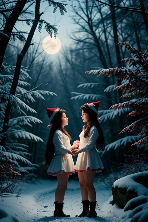 (summer season:1.2),(under the moonlight:1.2),<lora:LCM_LoRA_Weights_SD15:1>,<lora:detail_slider_v4:1.1>,(vivacious middle-aged (2Girls:1.3), full-figured build, extra long white single braid hair), chinese, tan skin, hazel eyes, wearing a jingle bells christmas hat, red and white velvet corset, tutu skirt suit with green accents, green stockings, red stilettos, holding a string of twinkling christmas lights, set in Snowy Forest Path, Narrow trail winding through a dense forest, branches heavy with snow arching overhead, patches of mistletoe clinging to the trees, a babbling brook partially frozen over, the occasional rustle of small animals foraging beneath the icy underbrush , at sunset,
fantasy portrait photography, beautiful eyes, ethereal beauty, magical atmosphere, whimsical element, enchanting composition, mystical storytelling, professional lighting, imaginative concept, creative styling, otherworldly aesthetic, fantasy romance, surreal visual, enchanting character, captivating narrative, intricate detail, vibrant color, fantastical landscape,(fullbody shot:1.3),(fullbody shot:1.1),(full body:1.3),(fullbody:1.3),(full body photo:1.3),(full body view:1.3),(wide shot:1.3),cinematic angle:1.1,(full body portrait:1.3),