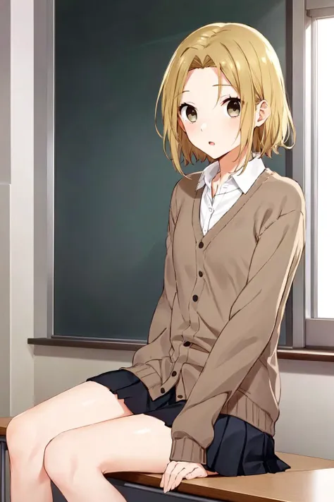 yoshikawayuki, 1girl, grey sweater, long sleeves, white shirt, upper body, black short skirt, masterpiece, best quality, school, own hands together, classroom, sitting on desk, bare legs, black short skirt,
