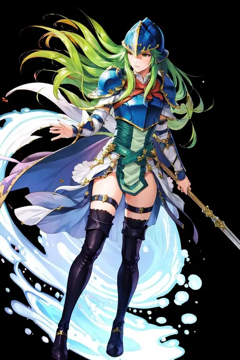 masterpiece, best quality, nephenee fe, helmet, armor, breastplate, skirt, thigh strap, thigh boots, furrowed brow, Spear, holding spear with both hands, FEH, standing, black background, whole body, simple background <lora:nephenee-fef:0.9> <lora:UnlimitedBladeWorksV1:0.7> <lora:FEH_Concept_v2:1>