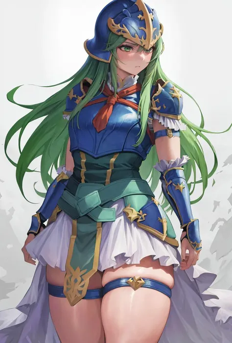(masterpiece, best quality, absurdres), 1girl, solo, <lora:nephenee-fef:1>, nephenee fe, (thighs:1.6), wide hips, skindentation, thigh strap, gradient hair, breastplate, bracer, helmet, gauntlets, gold trim, armored dress,
