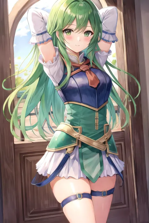 <lora:nephenee-10:0.8>, nephenee fe, 1girl, solo, looking at viewer, blush, standing, arms behind head, smile, skirt, thigh band, armor, breastplate