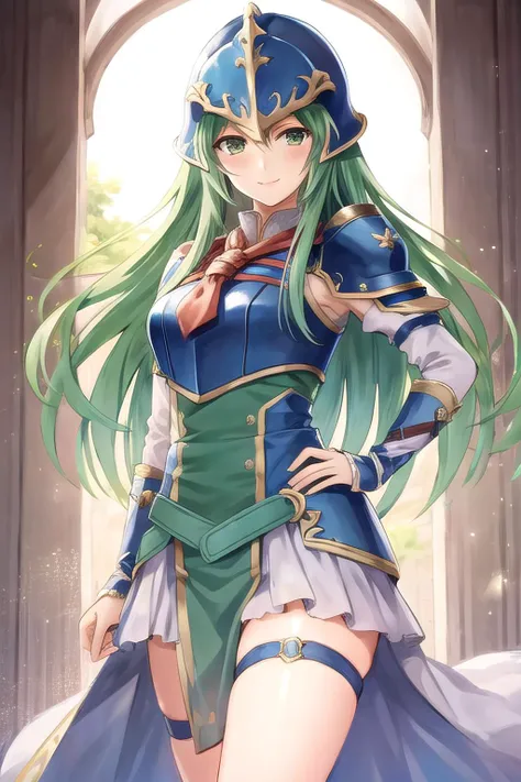 <lora:nephenee-10:0.8>, nephenee fe, 1girl, solo, looking at viewer, blush, standing, hand on hip, smile, skirt, thigh band, helmet, armor, breastplate