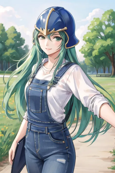<lora:nephenee-10:0.8>, nephenee fe, 1girl, solo, looking at viewer, field background, cowboy shot, jeans, overalls, smile, helmet