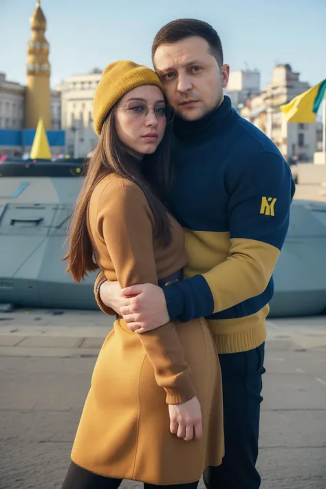 candid photograph of (woman and man together) suzanneschulting_V1 wearing a turtleneck sweater and fur jacket and wool skirt ((embracing)) Ukrainian President<lora:Zelenskyy2:1>zelenskyy,persZel-1700,(3/4 shot),(slight smirk),Kilo class ((submarine)) in the background,sunglasses,((Ushanka)),Ukrainian flag,(blue and yellow flag),((Kyiv))