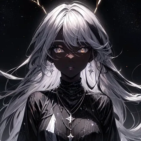(((masterpiece, high quality, highres, good quality, 8k, 4k, detailed, very detailed))), 1girl, dark skinned, dark skinned girl, glowing eyes, braids, multicolored hair, eyelashes, thick eyelashes, night, starry backdrops, starry sky, galaxy, space, detailed eyes, BREAK ((black clothes)), BREAK necklace, ((white eyes)), detailed eyes, blacklightdskStyle, (gray hair:0.8),
<lora:add_detail:0.8> <lora:detailedeyes:0.6> <lora:blacklightstyle:0.3>