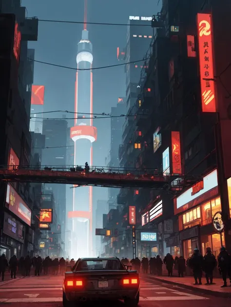 A Extreme Wide Shot of Glowing cyberpunk vehicles zooming through the streets in the middle Infinitron Tower and in the backgound Cyberpunk warlords ruling over sections of the militarized zone
