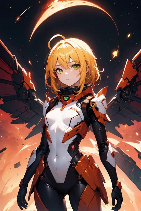 ((masterpiece:1.4, best quality:1.2)), 1girl, small breasts, ite girl, red exoskeleton, big mechanical wings, glowing, (medium hair:1.2), ahoge, yellow hair, green eyes, long sidelocks, expressionless, space background, galaxy, looking at viewer, crimson trim, light particles, red particles, yellow particles