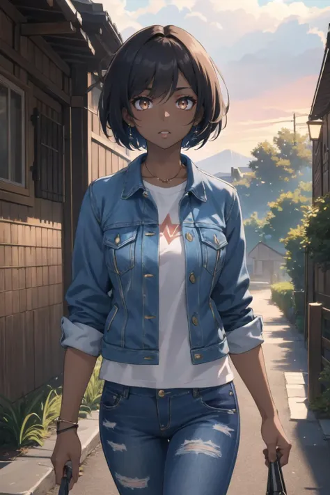 masterpiece, best quality, solo focus, extremely detailed 8k CG unity wallpaper, 1girl with short bob cut hair, glowing eyes, Denim Jacket, ((dark skin:1.4, tomboy)), toned, evening, <lora:92m2-e06:0.4>,<lora:alexi:0.4>, brown eyes, outdoors, landscape