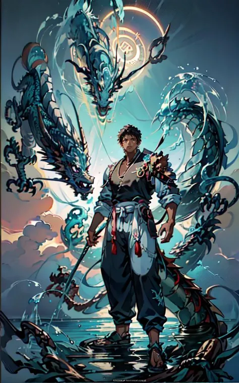 isometric OR hexagon,Masterpiece,best quality,ultra highres,extremely detailed CG,8k wallpaper,<lora:danheng:0.7>,(1 boy:1.5),20 years young has a,(tan brown skin:1.2),(short black hair),he is athletic with fit body deep blue eyes,look down,(((dragon appears behind him))),standing,medium shot,full body,cyan pants,cloud,(<lora:loong2-000015:0.7>,big dragon head glowing light ,(dragon made of water:1.5),),background:sea,exquisite background,complex background,bokeh,(<lora:MagicalCircle_Sora:0.7>, a glowing water circle),