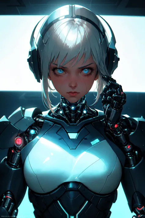 closeup, 1 woman ,human, silver hair, upper body
cybernetic armor, blue paint, helmet , neon light
sci-fi
Syd Mead
dramatic lighting (masterpiece, best quality),