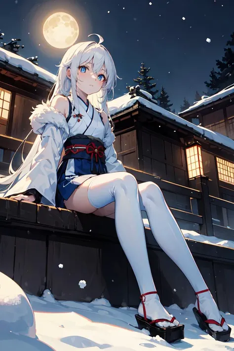 ((masterpiece:1.3, best quality:1.4)), 1girl, white hair, very long hair, ahoge, flat chest, , traditional japanese dress, blue pupils, pale skin, petite, ((sitting near building's ledge)), rooftop, city view, incredible view, ((nighttime)), city lights, sparkling, ((small traditional japanese village)), forest in the distance, front view, half-closed yes, expressionless, white kneesocks, blue flowers, intricate, winter, snow, fur-trimmed, from below