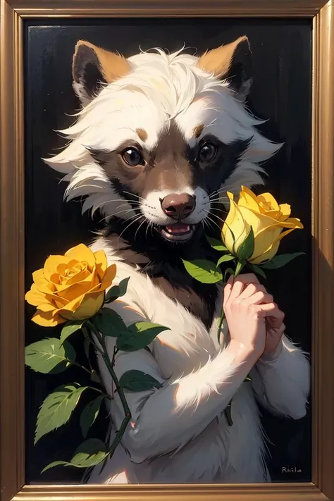 a young badger delicately sniffing a yellow rose, richly textured oil painting,
<lora:GoodHands-beta2:0.75>