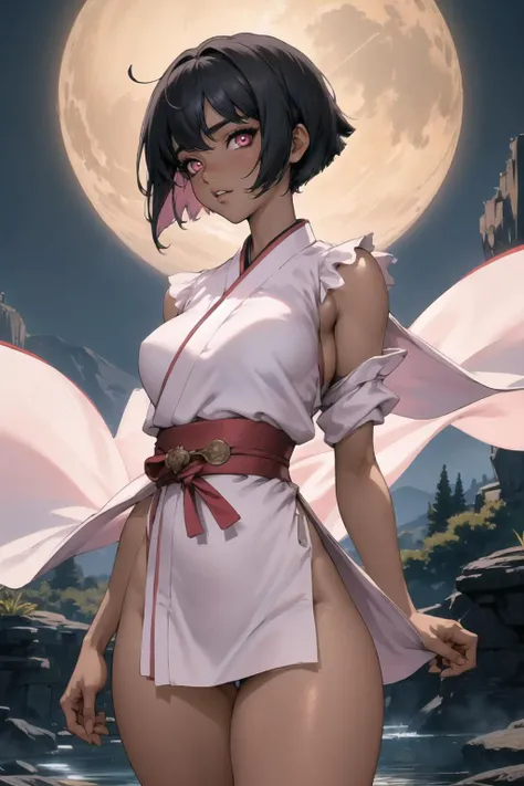 masterpiece, best quality, solo focus,extremely detailed 8k CG unity wallpaper,, 1girl with short bob cut hair, glowing eyes, Hanbok, ((dark skin:1.5, tomboy)), toned, ass, arms behind back, nighttime, <lora:shirow-mix2-512d128a-768p-e08:0.6>,pink eyes, outdoors, landscape