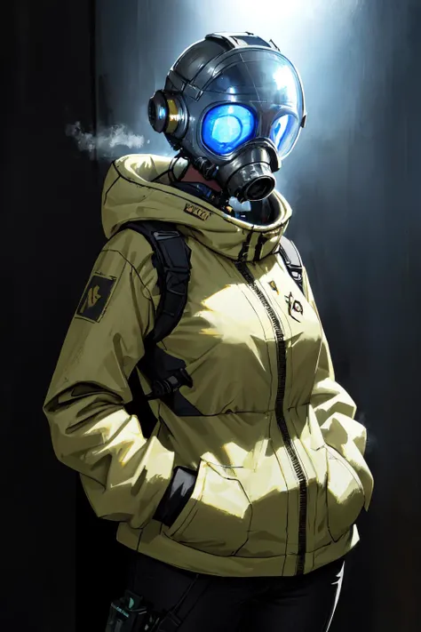 1girl 
  closeup
hands in pockets
sci-fi
helmet
gas mask
machine
dramatic lighting 
pastel painting
machines
Dariusz Zawadzki
realistic face
(masterpiece, best quality)