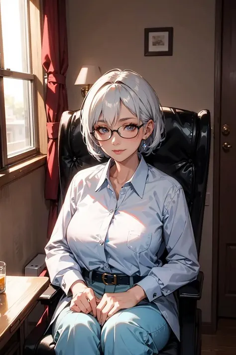 (Photorealistic:1.8, Highest quality:1.8,8K masterpiece:1.8,High resolution,Mastepiece:1.8,RAW Photos,Cinematic lighting)、Detailed Background、((Flat Color))、((colorful))、morning、Cafe、Window light、（A female secretary holding a coffee cup)、TWICE&#39;s Tzuyu&#39; on pause、Top view angle、
（choker、Glasses、big chest、White shirt、Black Mini Skirt、Wide open chest、Beautiful thighs、Beautiful breasts）、（fun、smile、A rich expression）、(Medium Hair、Beautiful, shining red, white, brown and silver hair:1.5)、Sparkling Blue Eyes、Random Pause