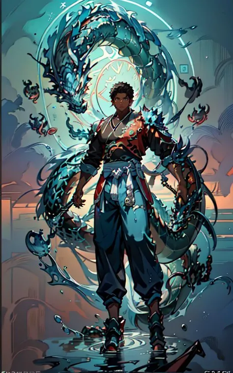isometric OR hexagon,Masterpiece,best quality,ultra highres,extremely detailed CG,8k wallpaper,<lora:danheng:0.7>,(1 boy:1.5),20 years young has a,(tan brown skin:1.2),(short black hair),he is athletic with fit body deep blue eyes,look down,(((dragon appears behind him))),standing,medium shot,full body,cyan pants,cloud,(<lora:loong2-000015:0.7>,big dragon head glowing light ,(dragon made of water:1.5),),only 1 dragon head,background:sea,exquisite background,complex background,bokeh,(<lora:MagicalCircle_Sora:0.7>, a glowing water circle),