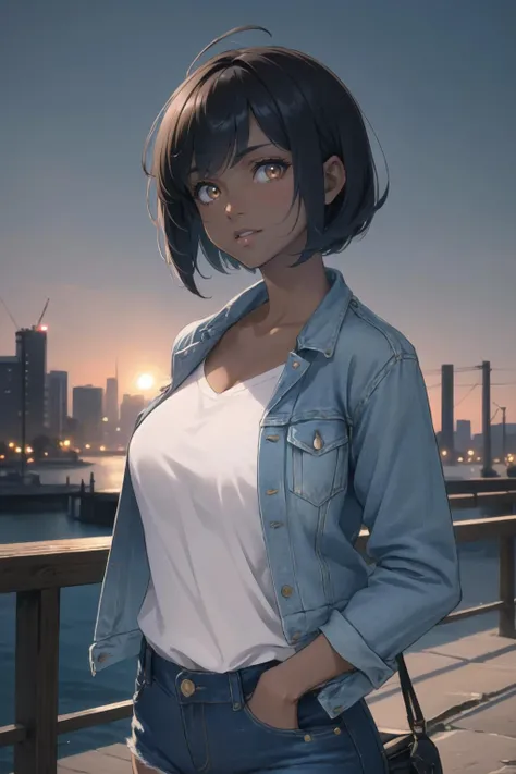 masterpiece, best quality, solo focus, extremely detailed 8k CG unity wallpaper, 1girl with short bob cut hair, glowing eyes, Denim Jacket, ((dark skin:1.4, tomboy)), toned, evening, <lora:92m2-e06:0.4>,<lora:imizu-wd-e08:0.4>, brown eyes, outdoors, landscape