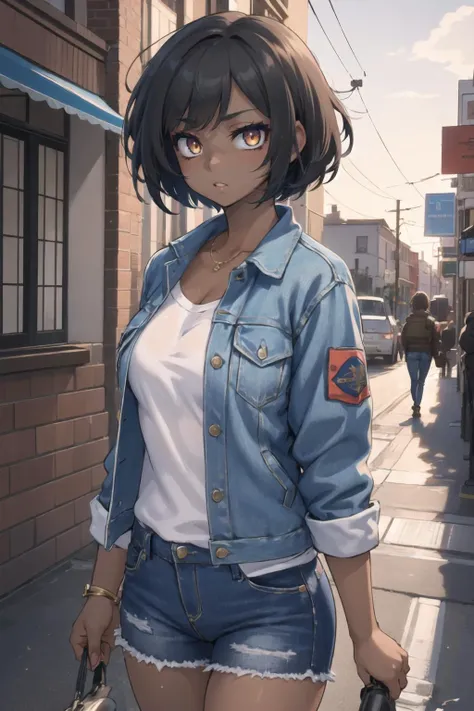 masterpiece, best quality, solo focus, extremely detailed 8k CG unity wallpaper, 1girl with short bob cut hair, glowing eyes, Denim Jacket, ((dark skin:1.4, tomboy)), toned, evening, <lora:92m2-e06:0.4>,<lora:alexi:0.9>, brown eyes, outdoors, landscape