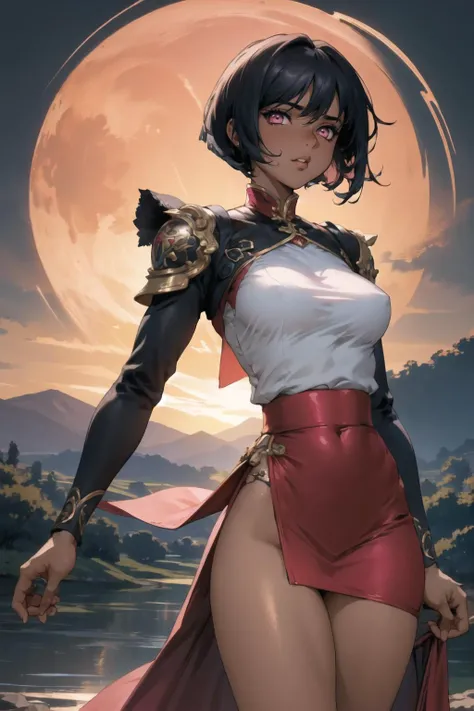 masterpiece, best quality, solo focus,extremely detailed 8k CG unity wallpaper,, 1girl with short bob cut hair, glowing eyes, Kameez, ((dark skin:1.5, tomboy)), toned, ass, on back, nighttime, <lora:shirow-mix2-512d128a-768p-e08:0.6>,pink eyes, outdoors, landscape