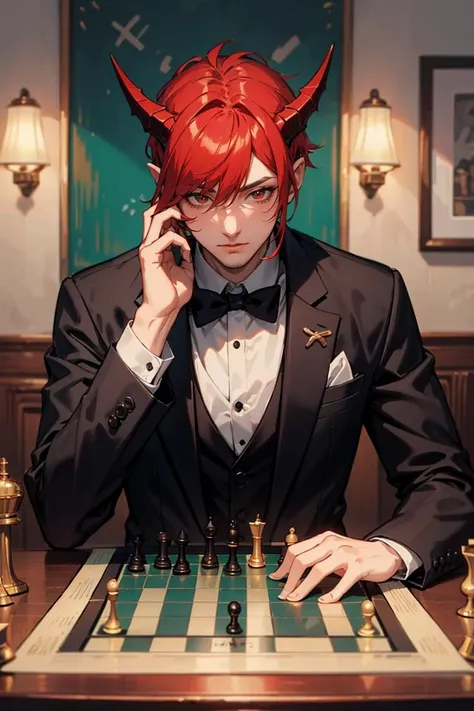 A red dragon dressed in a tuxedo and playing chess. The chess pieces are fashioned after robots.,
<lora:GoodHands-beta2:0.75>