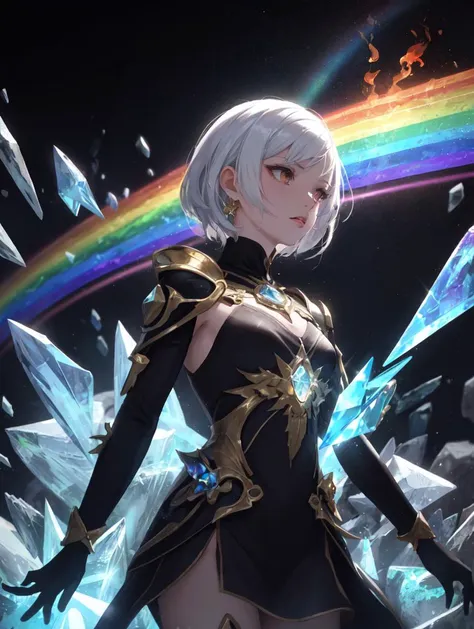 A dynamic Cowboy Shot of Emanating Luminescence and elemental Crystals,Time-Twisted Metal and Unearthly,Glamorous and Parchment,Crystal, that Thaumaturge, (Ferromagnetic,fire rainbow,Striped,Diarylide Brown Arcane,Bedazzle ,Cylinder,Enigmatic,Resonant,Ellipse magic:1.0) void magic