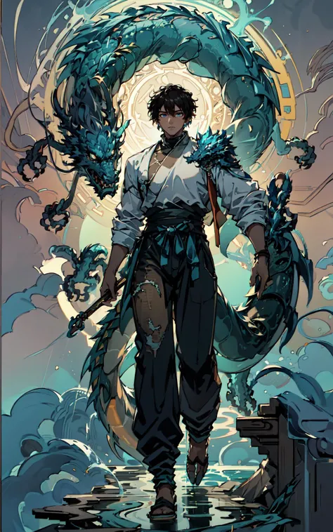 isometric OR hexagon,Masterpiece,best quality,ultra highres,extremely detailed CG,8k wallpaper,<lora:danheng:0.7>,(1 boy:1.5),20 years young has a,(tan brown skin:1.2),(short black hair),he is athletic with fit body deep blue eyes,look down,(((dragon appears behind him))),standing,medium shot,full body,cyan pants,cloud,(<lora:loong2-000015:0.7>,big dragon head glowing light ,(dragon made of water:1.5),),only 1 dragon head,background:sea,exquisite background,complex background,bokeh,(<lora:MagicalCircle_Sora:0.7>, a glowing water circle),