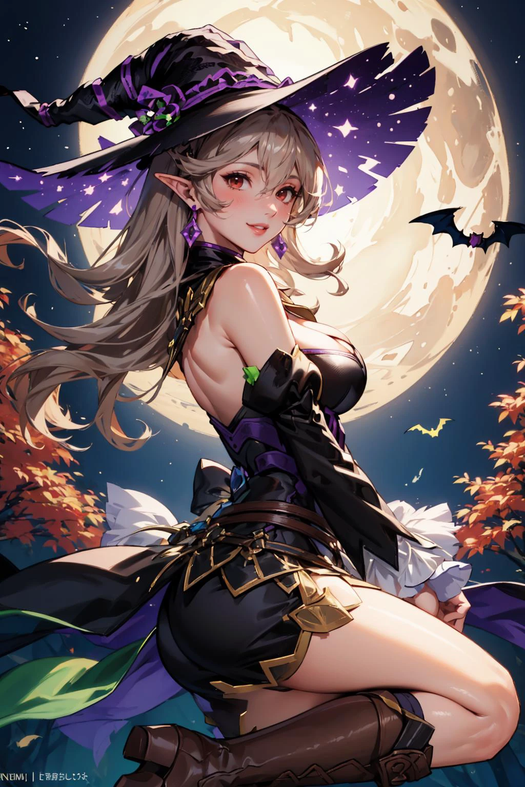 masterpiece, best quality, halCorrin, witch hat, halloween costume, cleavage, detached sleeves, earrings, brown boots, looking at viewer, smile, night, autumn, trees, bats, large breasts, from side <lora:corrin-nvwls-v2-2-000010:0.9>