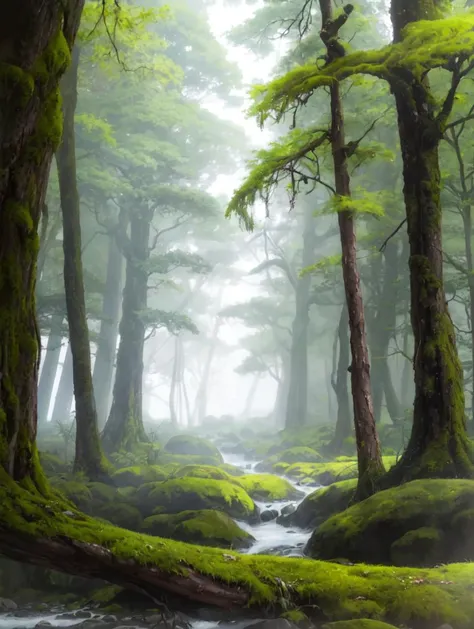 ((An outside)) Extreme Wide Shot of a dense mandala forest rich of Moss