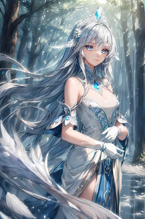 Intriguing fox/female human hybrid spirit with mesmerizing eyes, ethereal beauty, and an air of mystique. Delicate transparent fur with layered patterns cascade in rich hues while the tails gracefully sway. Captivating forest background with enchanting lighting, evoking a sense of otherworldly magic.+"
