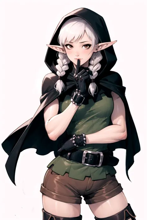 (8k), sharp focus, highres, 1girl, upper body, dcelf, blonde hair, pointy ears, twin braids, hood, brown cloak, green tunic, gloves, belt, brown shorts, thigh boots, (high quality:1.2), (high detail:1.2), (masterpiece:1.2), (extremely detailed:1.2) <lora:dcelf-nvwls-v1:0.8> <lora:Devil HS LoRA:0.8>