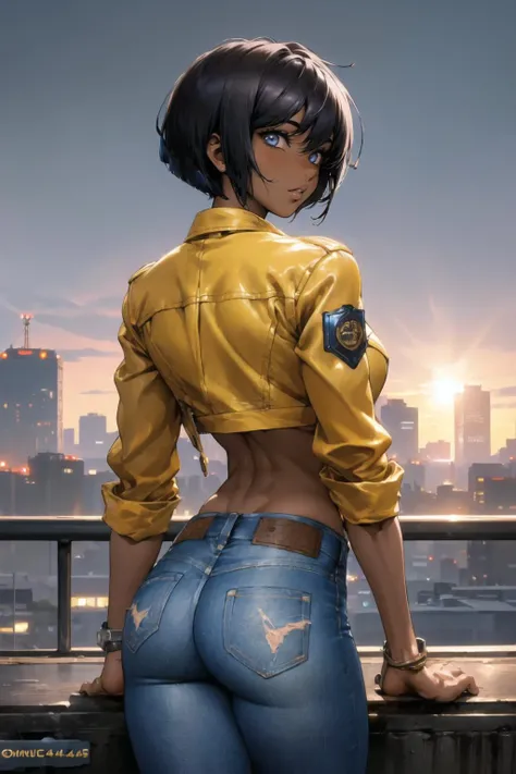 ((masterpiece:1.4, best quality:1.2)), 1girl with short bob cut hair, blue eyes, glowing eyes, Denim Jacket, ((dark skin:1.5, tomboy)), toned, from behind, ass, stretching, cyberpunk, rooftop, nighttime, <lora:shirow-mix2-512d128a-768p-e08:0.6>