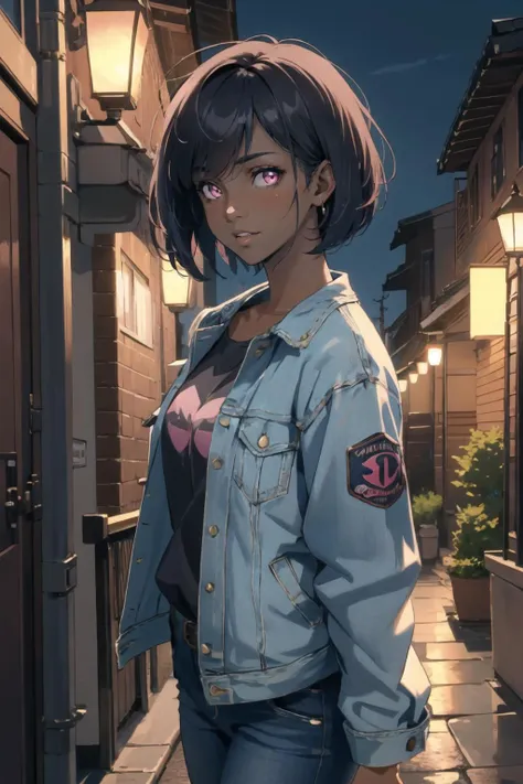 masterpiece, best quality, solo focus, extremely detailed 8k CG unity wallpaper, 1girl with short bob cut hair, glowing eyes, Denim Jacket, ((dark skin:1.4, tomboy)), toned, evening, <lora:92m2-e06:0.4>,<lora:hades-1296it-novae:0.5>, pink eyes, outdoors, landscape