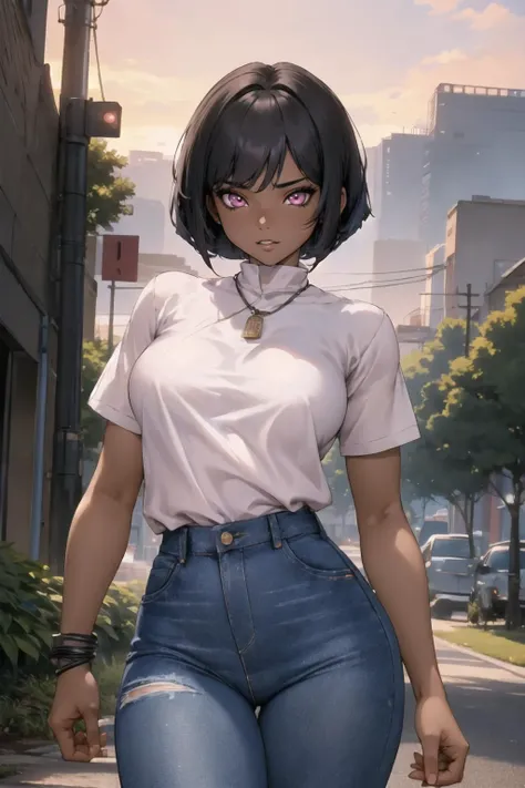 masterpiece, best quality, solo focus,extremely detailed 8k CG unity wallpaper,, 1girl with short bob cut hair, glowing eyes, Jeans, ((dark skin:1.5, tomboy)), toned, ass, contrapposto, nighttime, <lora:shirow-mix2-512d128a-768p-e08:0.6>,pink eyes, outdoors, landscape