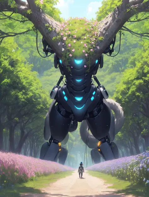 ((Extreme Wide Shot of Enormous Enchanted Root-like Whimsical Robotic, Tripedal Bimanual, Digitigrade Appendages, Trifurcated-Tailed, Long-Tailed, Slick Skin, )) (that's feel jealous) , ((look at the camera)), field of flowers as background