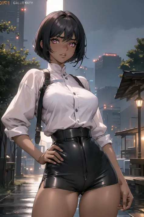 masterpiece, best quality, solo focus,extremely detailed 8k CG unity wallpaper,, 1girl with short bob cut hair, glowing eyes, Culottes, ((dark skin:1.5, tomboy)), toned, ass, hands on hips, nighttime, <lora:shirow-mix2-512d128a-768p-e08:0.6>,pink eyes, outdoors, landscape