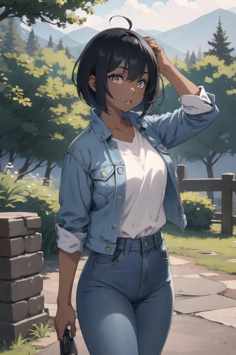 masterpiece, best quality, solo focus, extremely detailed 8k CG unity wallpaper, 1girl with short bob cut hair, glowing eyes, Denim Jacket, ((dark skin:1.4, tomboy)), toned, evening, <lora:92m2-e06:0.4>,<lora:RyoAgawa768:0.9>, brown eyes, outdoors, landscape