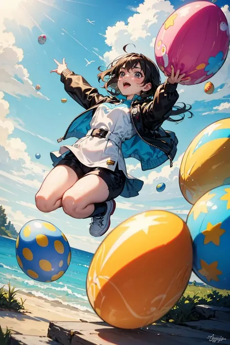 a paranoid android freaking out and jumping into the air because it is surrounded by colorful Easter eggs,
<lora:GoodHands-beta2:0.75>