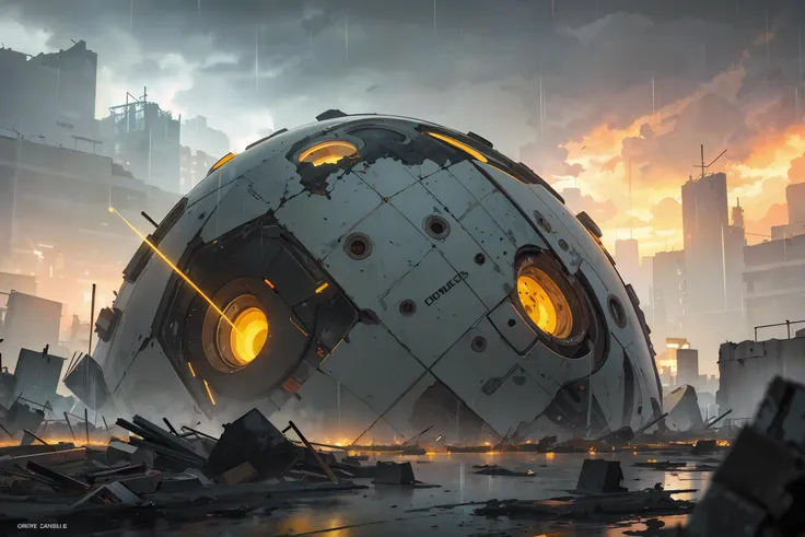 (masterpiece:1.3),(best quality:1.1) rain,grey background,dark background,ruins,apocalypse,wasteland,landscape,green sky,yellow sky,blurry,capsule,destroyed_globe,future style \(module\),<lora:cyberpunk-v1.5-nai-9ep-resize:0.35>,cyberpunk,neon lights,alternate color,((futurism)),realistic,