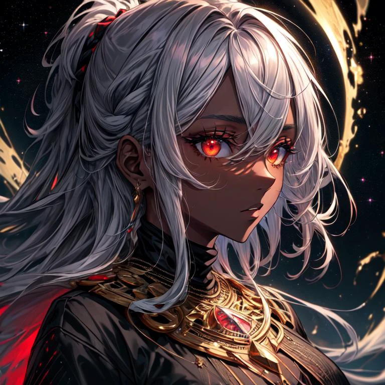 (((masterpiece, high quality, highres, good quality, 8k, 4k, detailed, very detailed))), 1girl, dark skinned, dark skinned girl, glowing eyes, braids, multicolored hair, eyelashes, thick eyelashes, night, starry backdrops, starry sky, galaxy, space, detailed eyes, BREAK ((black clothes)), BREAK gold necklace, messy hair, ((red eyes)), detailed eyes, blacklightdskStyle, (gray hair:1), from side,
<lora:add_detail:0.8> <lora:detailedeyes:0.6> <lora:blacklightstyle:0.3>