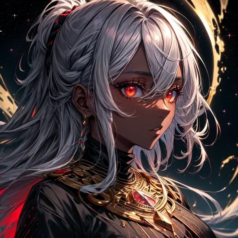 (((masterpiece, high quality, highres, good quality, 8k, 4k, detailed, very detailed))), 1girl, dark skinned, dark skinned girl, glowing eyes, braids, multicolored hair, eyelashes, thick eyelashes, night, starry backdrops, starry sky, galaxy, space, detailed eyes, BREAK ((black clothes)), BREAK gold necklace, messy hair, ((red eyes)), detailed eyes, blacklightdskStyle, (gray hair:1), from side,
<lora:add_detail:0.8> <lora:detailedeyes:0.6> <lora:blacklightstyle:0.3>