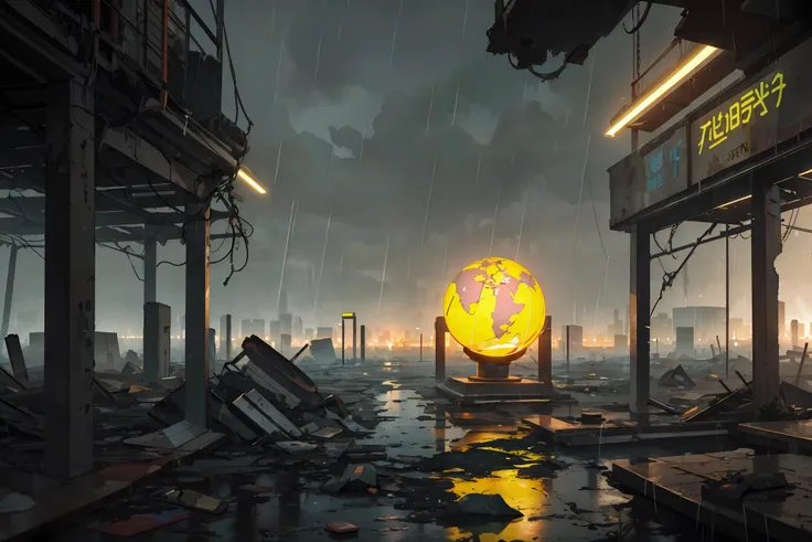 (masterpiece:1.3),(best quality:1.1) rain,grey background,dark background,ruins,apocalypse,wasteland,landscape,green sky,yellow sky,blurry,capsule,globe,bulletin board,future style \(module\),<lora:cyberpunk-v1.5-nai-9ep-resize:0.35>,cyberpunk,neon lights,alternate color,
