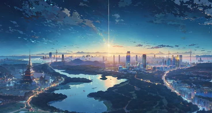 masterpiece,high quality,from above,<lora:The Garden of Words_20230619154444:0.85>,lake,no humans,scenery,sky,night,village,rural space,outdoors,blue theme,horizon,night sky,east asian architecture,