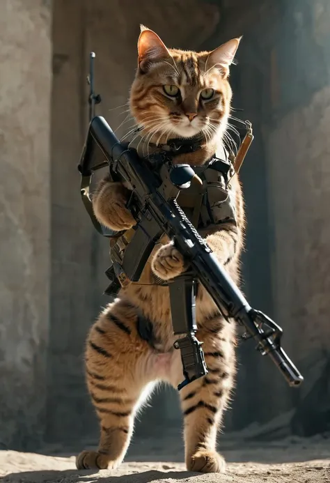 It stands on its hind legs,((A fierce cat animal holding a rifle in his hands)). breathtaking shot,movie action still frame,cinematic shot!,shot from movie,war,<lora:Assault_rifle:1>,
